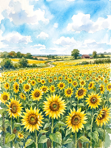 Watercolor painting of a vibrant sunflower field stretching towards distant rolling hills and a farm under a blue sky.