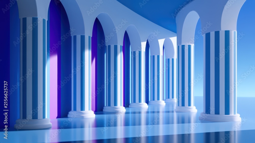 Fototapeta premium Blue abstract arches with striped columns create a futuristic, serene scene with soft lighting