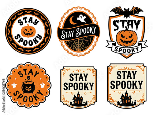 Stay Spooky Halloween Emblems Collection Vector Illustration With Pumpkins Ghosts And Bats
