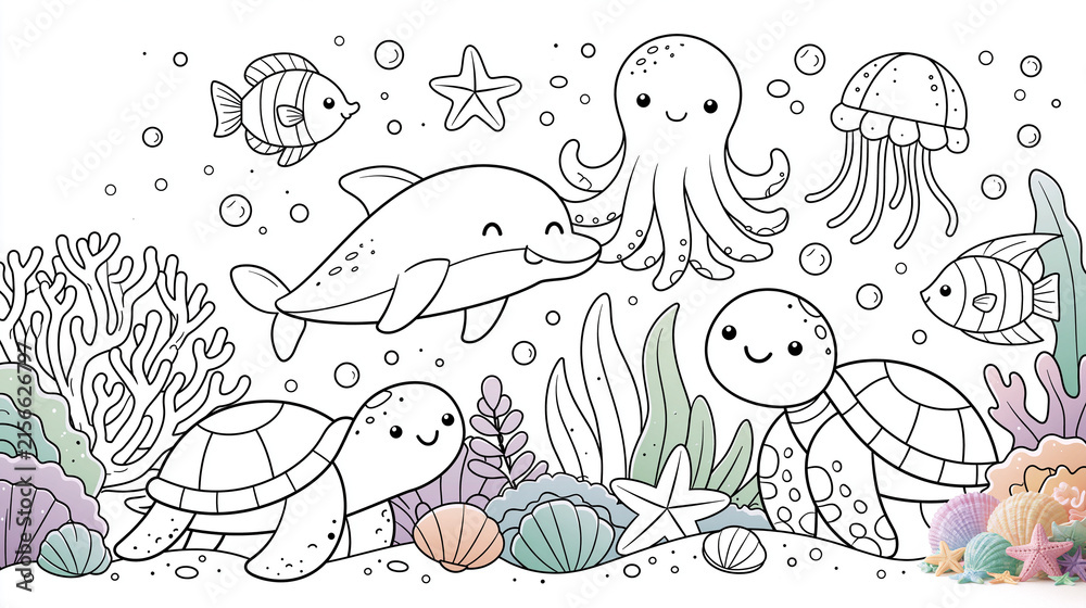 Fototapeta premium Cute Underwater Friends with Dolphin Octopus Sea Turtle and Tropical Fish, Ocean Coloring Page Illustration