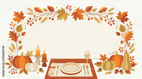 Obraz na płótnie Thanksgiving dinner table setting frame features pumpkins, candles, autumn foliage, and copy space