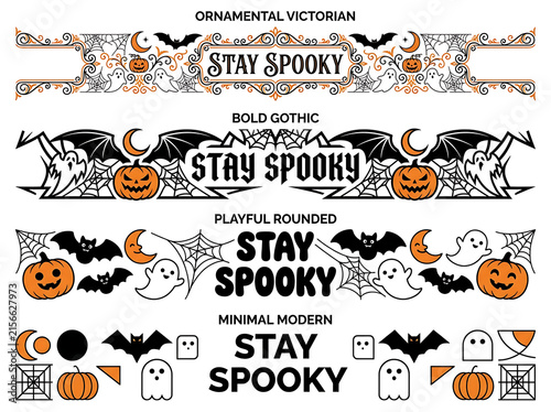 Halloween decorative borders with spooky text and elements in various styles