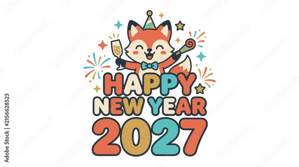 Fototapeta premium Cute Cartoon Fox Celebrating Happy New Year 2027 24.