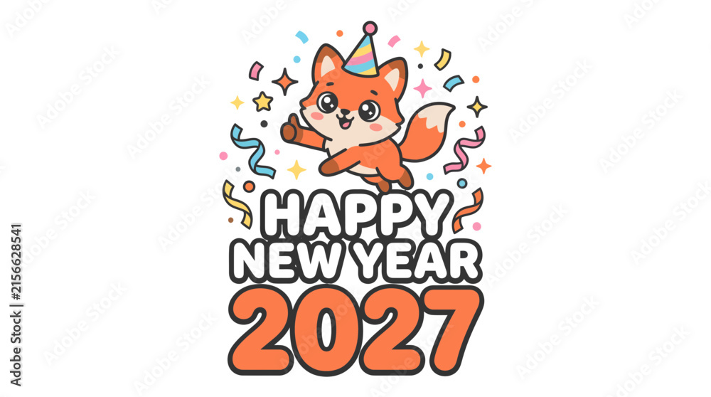 Fototapeta premium Cute cartoon fox celebrating Happy New Year 2027 30.