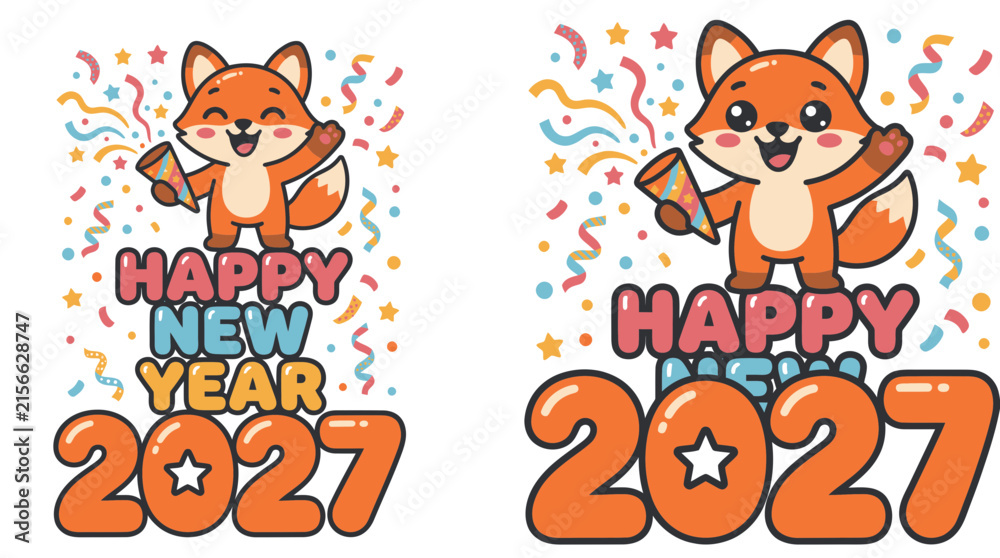 Obraz premium Cute cartoon fox celebrating Happy New Year 2027 with confetti 1.