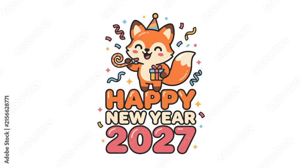 Fototapeta premium Cute cartoon fox celebrating Happy New Year 2027 with party accessories.