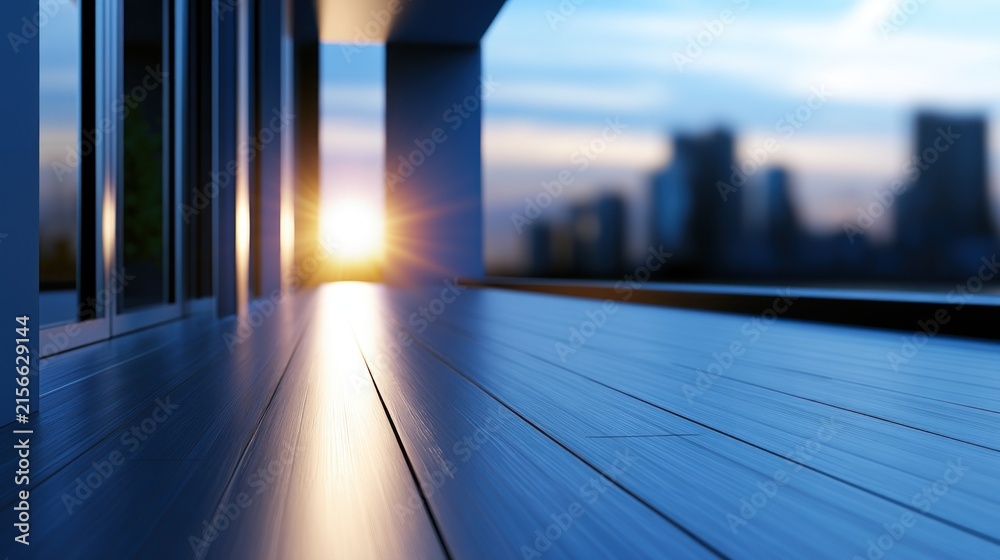 Fototapeta premium Sunlight casts on sleek terrace with city skyline, soft gradients merge in evening ambiance