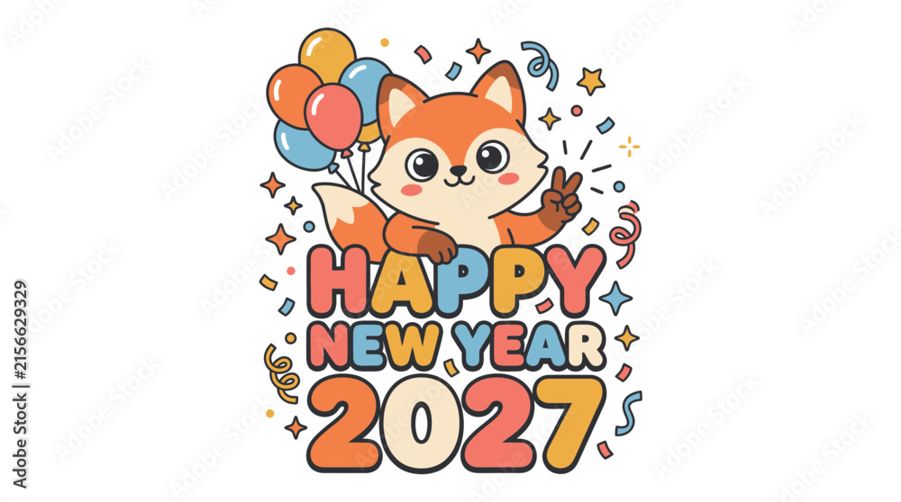 Fototapeta premium Cute fox character celebrating New Year 2027 with colorful balloons.