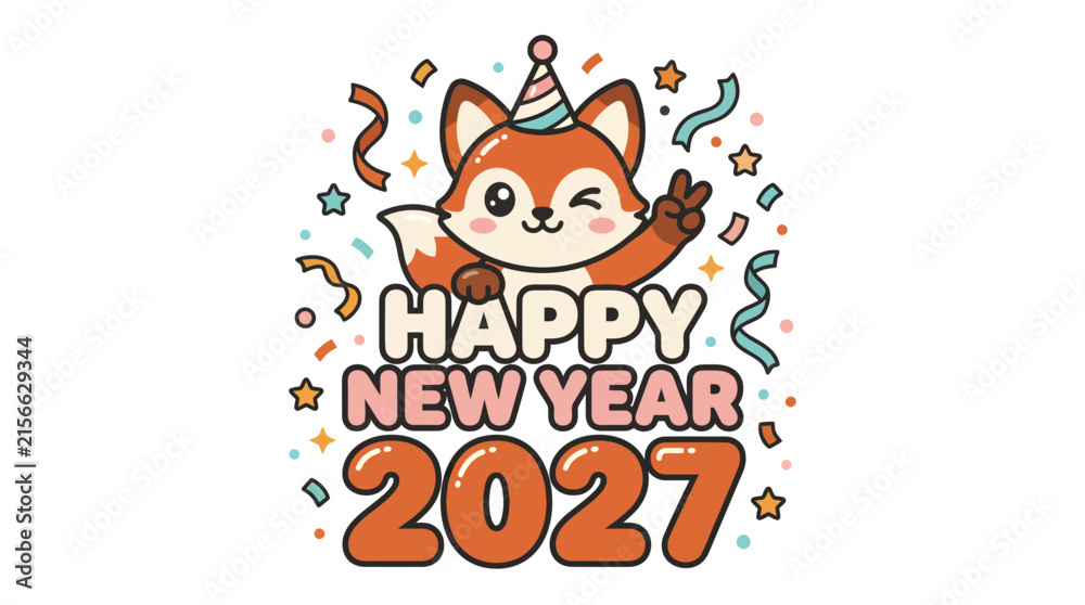 Fototapeta premium Cute Fox Character Wearing Party Hat Celebrating Happy New Year 2027.
