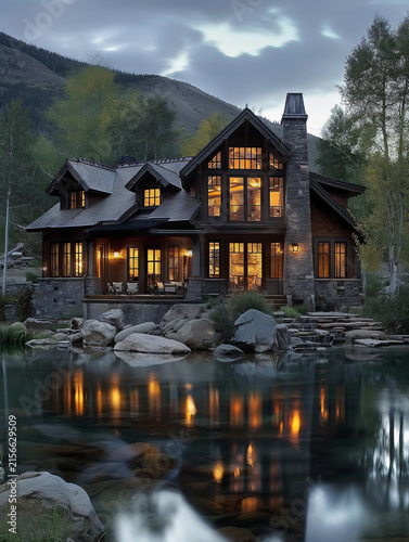 Luxurious wooden mountain chalet and stone house by a tranquil alpine lake with warm glowing interior lights at dusk