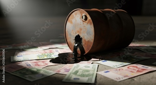 Barrel of oil leaking onto scattered international currency, representing economic crisis, inflation, and the impact of oil spills or resource depletion on global finances.