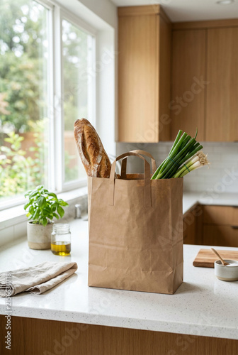 Eco-friendly brown paper grocery bag with fresh baguette bread and green onions on kitchen counter