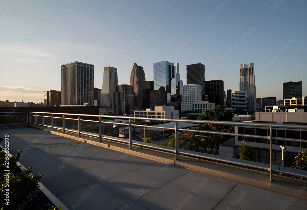 Fototapeta premium Modern city skyline with diverse architecture viewed from a rooftop terrace at sunset, Urban landscape during sunset, with warm light casting long shadows across the buildings and the terrace