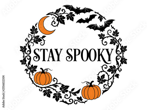 Halloween wreath with crescent moon bats pumpkins and spooky lettering on a white background