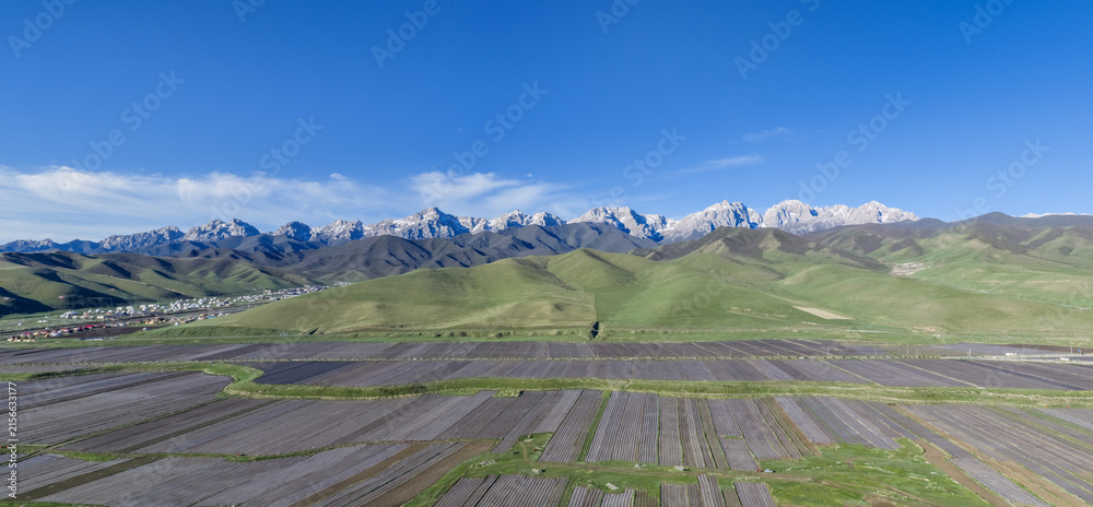 Fototapeta premium Maya Snow Mountain Rising Above Grasslands and Farmland, Gansu, China.