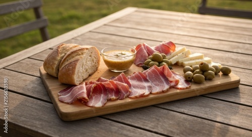 Charcuterie board with bread, meats, cheese, olives, and sauce on a wooden table outdoors