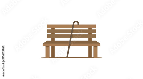 Wooden park bench with walking cane flat vector illustration