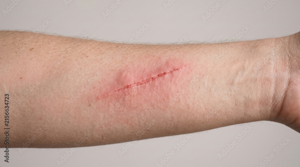 Fototapeta premium Close up view of fresh scratch wound with red inflamed mark on forearm skin