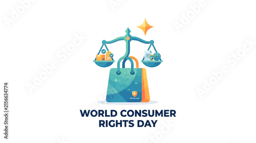 World Consumer Rights Day Illustration with Justice Scales, Shopping Bag, and Protection Symbols