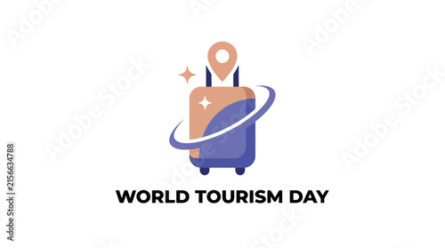 World Tourism Day flat vector illustration featuring a suitcase, map pin, and orbiting ring icon