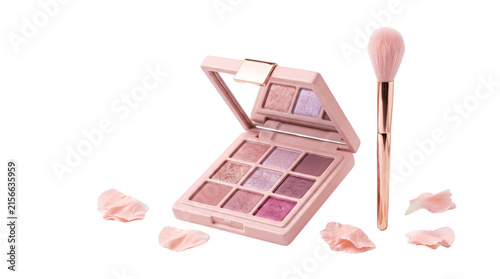 Pink eyeshadow palette with makeup brush, rose gold cosmetic compact with shimmer pigments, floral beauty products on white background