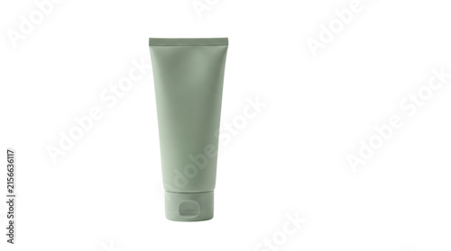 Minimalist sage green cosmetic tube mockup, blank matte plastic cream container, organic skincare packaging on white background