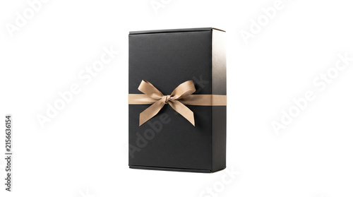 Elegant black gift box with gold ribbon, luxury matte packaging for jewelry or cosmetics, premium present on white background