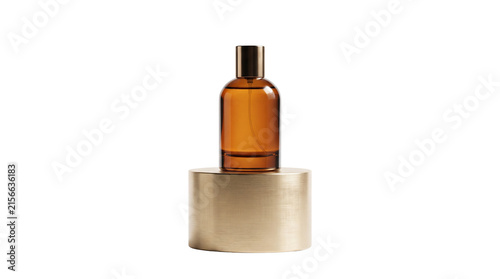 Amber glass perfume bottle on gold pedestal. Luxury fragrance mockup on metallic podium. Elegant cosmetic bottle for branding.