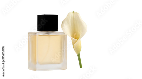 Elegant perfume bottle with white calla lily flower, luxury glass fragrance bottle isolated on white, floral scent concept