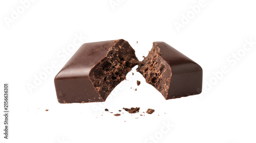 Dark chocolate bar broken in half with crumbs, gourmet cocoa dessert piece, rich brown chocolate snack on white background