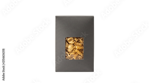 Minimalist black pasta box mockup, premium cardboard food packaging with window, elegant dry pasta container on white background