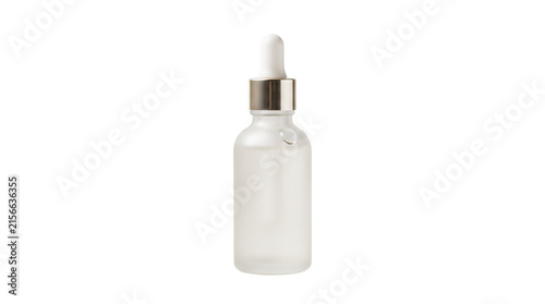 Frosted glass dropper bottle for skincare serum, cosmetic glass vial with pipette, clear liquid beauty product mockup on white