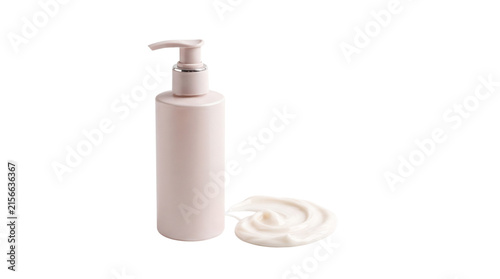 Minimalist pink cosmetic pump bottle, blank skincare dispenser with cream smear, elegant beauty product mockup on white background