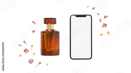 Amber glass perfume bottle with smartphone mockup, blank screen mobile phone for beauty app, elegant fragrance bottle with dried flowers