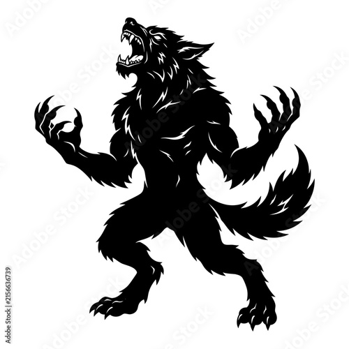 Obraz na płótnie Black werewolf standing on two legs, howling at the moon, mythical creature