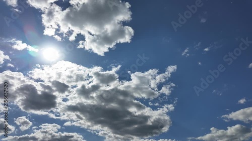 Timelapse of white clouds flying in the blue sky.