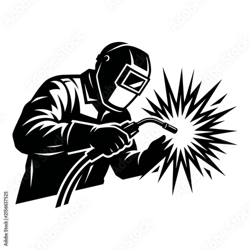 Welder in protective gear welding metal with sparks flying around