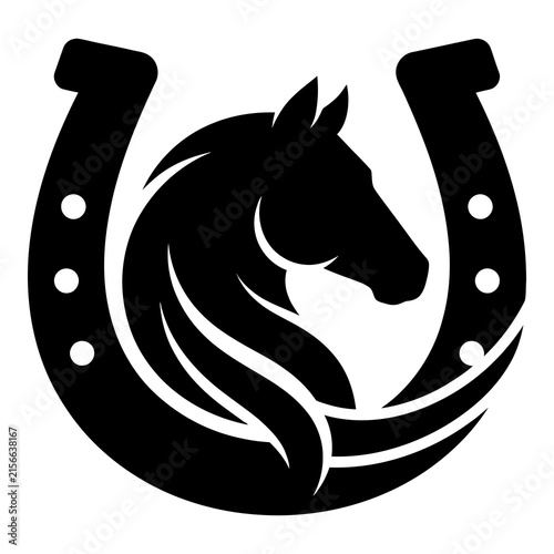 Black horse head silhouette inside horseshoe symbol logo