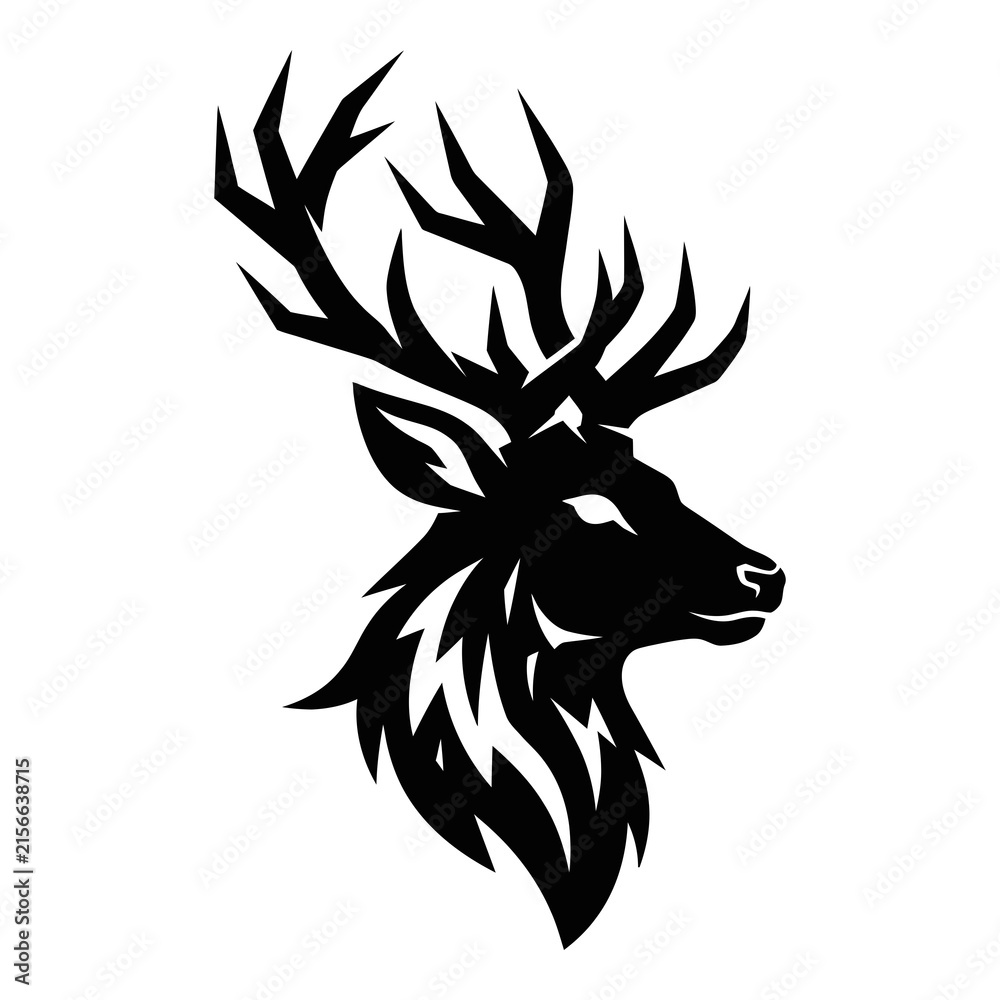 Naklejka premium Black stylized deer head silhouette with antlers isolated on white background