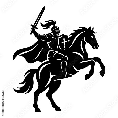 Konstfotografi Knight on horseback with sword raised high in battle stance medieval warrior