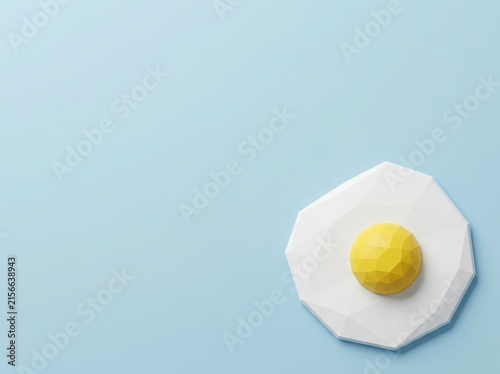 Low poly fried egg over light blue background.