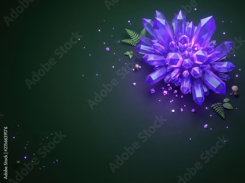 Glowing purple crystals on dark green background.