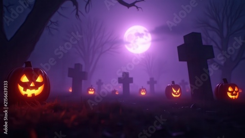 Cinematic foggy graveyard with glowing jack-o'-lanterns on tombstones, dramatic purple moonlight