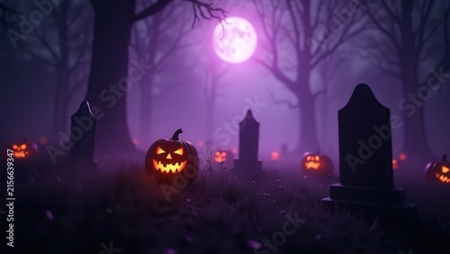 Cinematic foggy graveyard with glowing jack-o'-lanterns on tombstones, dramatic purple moonlight