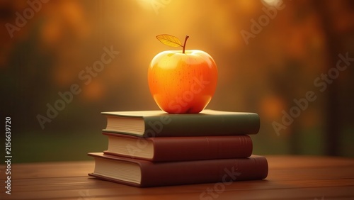 Surreal golden apple glowing on top of towering book stack, luminous warm palette