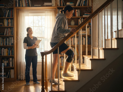 Physical therapist assisting patient climbing stairs with knee brace during home rehabilitation session.