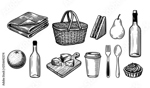 Picnic Essentials Hand Drawn Vector Sketch Set with Blanket Basket Food Fruits Utensils and Snacks