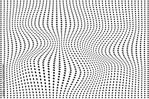 Black polka dots creating optical illusion warp effect on checkered gray background.