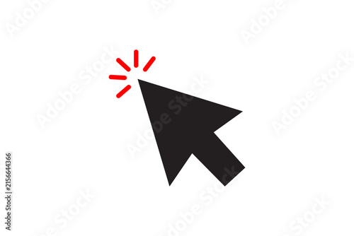 Black mouse cursor pointer with red click effect lines on transparent grid background art.
