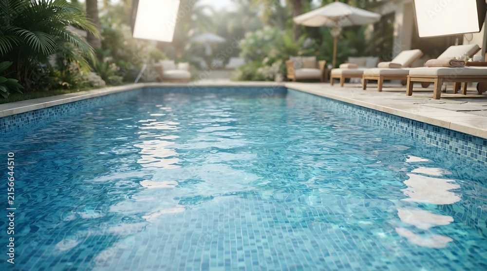 Fototapeta premium Luxurious outdoor swimming pool with blue tiles surrounded by lush tropical plants and resort lounge chairs under bright sunlight.